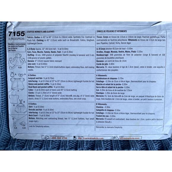 Simplicity 7155 Sewing pattern stuffed monkey and clothes - Picture 3 of 5